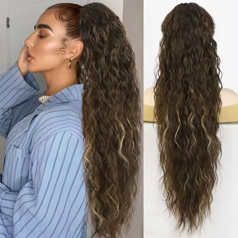 Synthetic Claw Long Wavy Ponytail Extension Black Brown 18-30" Curly Pony Tail Clip in Hair Extensions Fluffy Natural Looking - Image 20