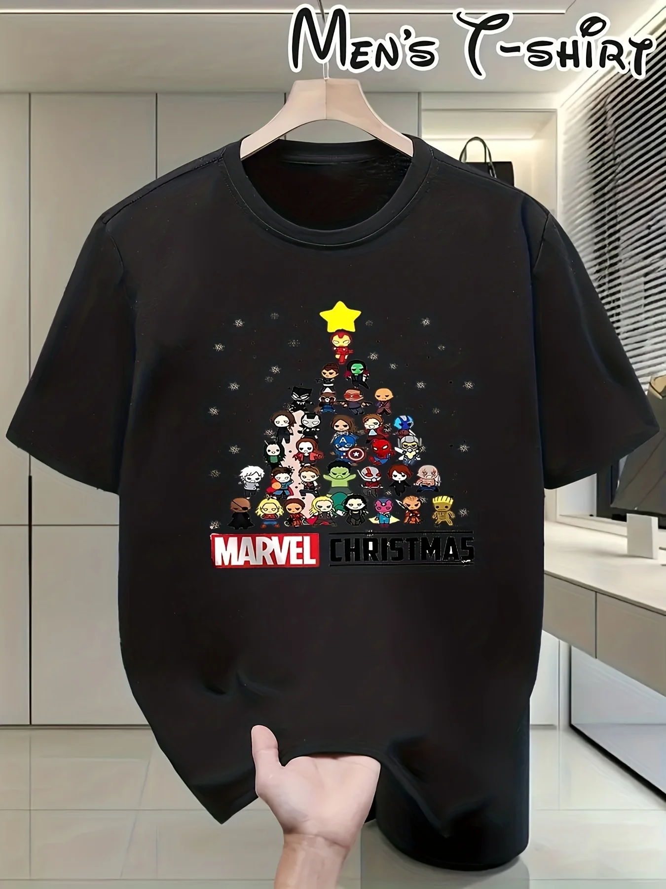

Мужская футболка с рождественским рисунком Marvel — легкая дышащая футболка с круглым вырезом и персонажами супергероев, повседневная стандартная посадка