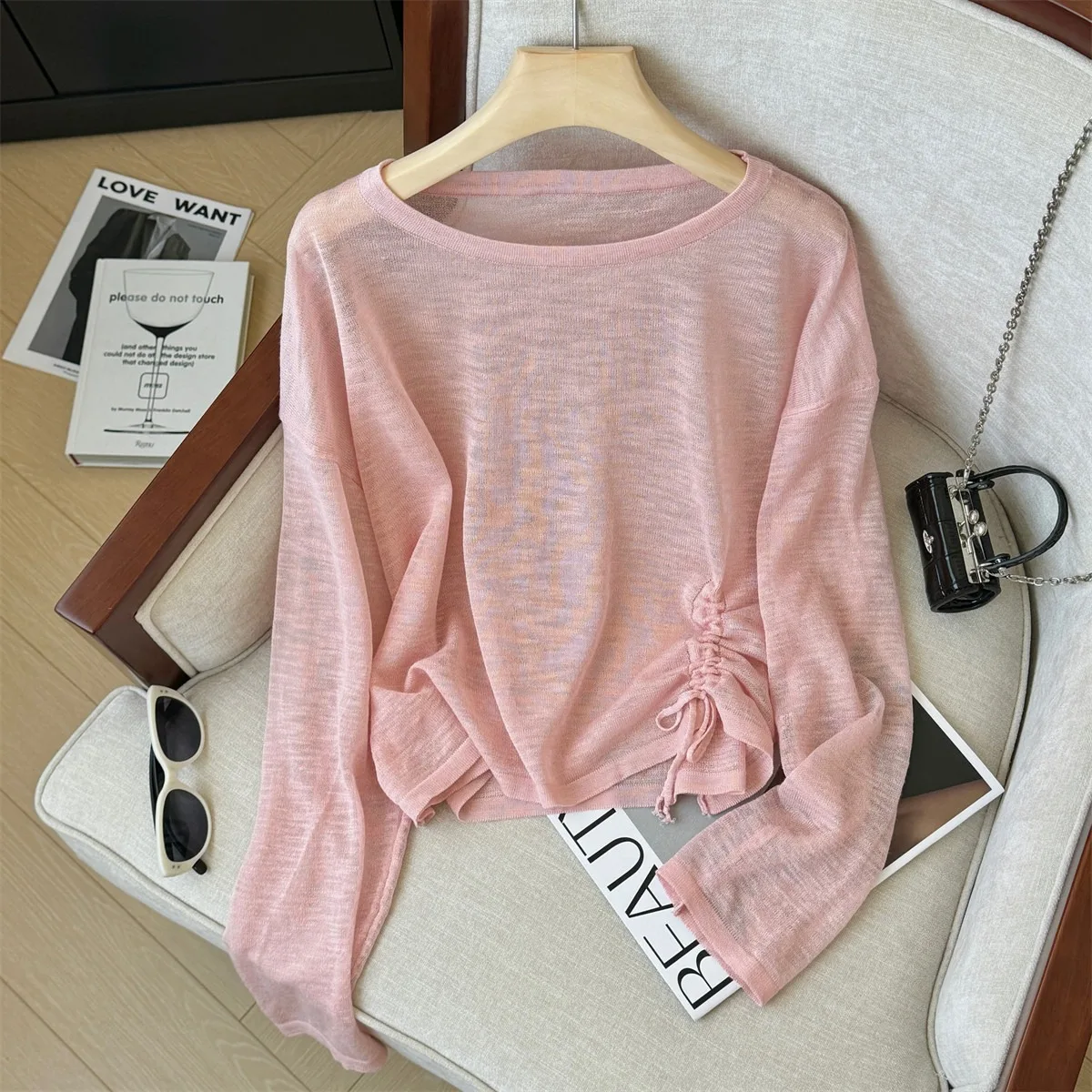 Damen Sexy Transparentes Crop-Top mit Kordelzug und Langen Ärmeln, Sonnenschutz-Überwurf, Trendige Casual Bluse in Petite-Größen – Detail 5