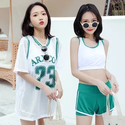 Letter Athletics Three Piece Swimsuit Mesh Short Sleeve Push Up Bathing Suit Stripe Beachwear Sporty Style Swimwear Swimming