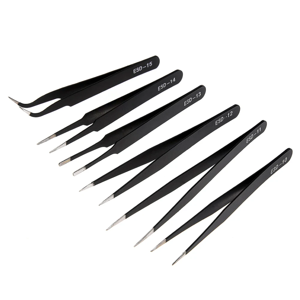 6x Tweezers For Soldering Professional Eyebrow Tweezers Set Eyelashes Tongs Extension Stickers Soldering Antistatic Repair Tools