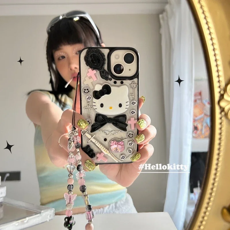 Kawaii Cute 3D Sanrio Y2K Hello Kitty Transparent Phone Case For iPhone 16 15 14 13 12 11 Pro Max Shockproof Cover With Lanyard