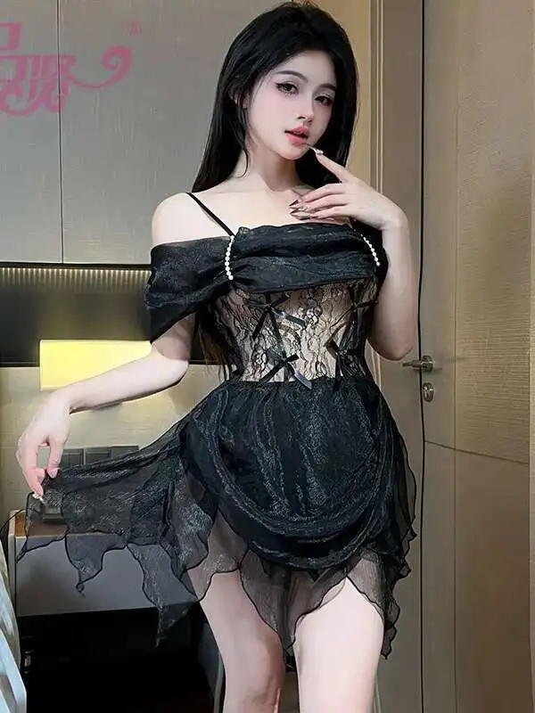 Robe de mariée pour la saint-valentin, jupe bouffante, uniforme Sexy, pyjama Sexy en dentelle et maille transparente, Mini robe coréenne Q1XA