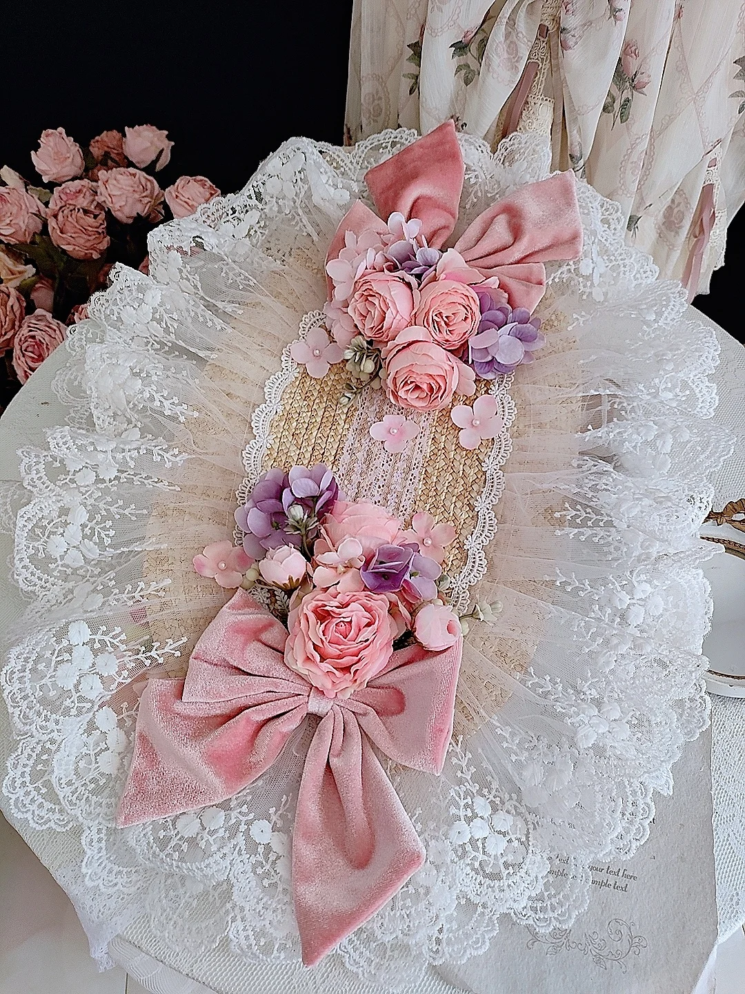 Straw Hat Flat Lolita Hand-Made Gorgeous Elegant Tea Party Pastoral French Photo Porette