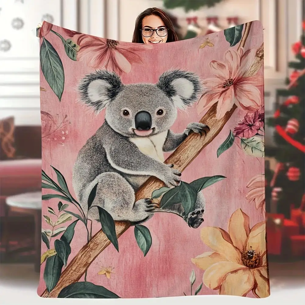 Cozy Koala Bear Floral Print Throw Blanket Super Soft Microfiber Fleece Decor for Living Room Sofa Bed Gift