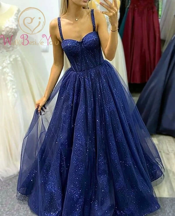 

Glittery Tulle Evening Dresses Sweetheart Spaghetti Strap Formal Party Prom Gowns Long Special Occasion Dresses Customized