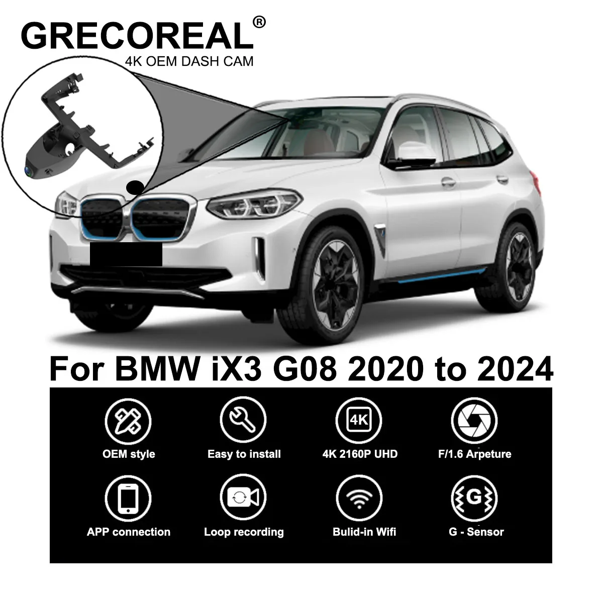 

GRECOREAL 4K Dash Cam Front and Rear 2160P WiFi Car Dual Dashcam APP Control Easy Install Plug Play Compatible with BMW iX3 G08