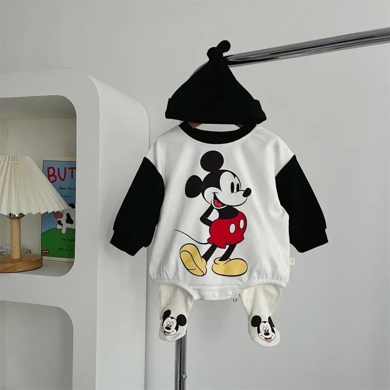 New Spring Autumn Baby Girl Boy Bodysuit Sets Long Sleeves Mickey Mouse, Donald Duck, Flying Elephant Jumpsuit Leggings Cap K892