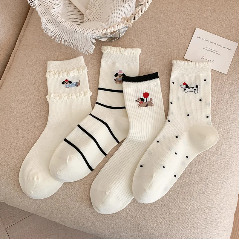 Polka Dot White Socks Women Spring Summer Thin Breathable Striped Middle Tube Socks Cartoon Dog Japanese Kawaii Cute Women Socks image 6