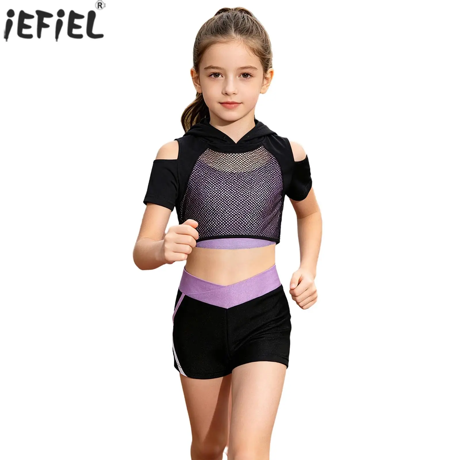 Kids Girls Sports Set Short Sleeve Hollow Out Mesh Cropped Hoodie with Vest Athletic Shorts Dancing Running Cycling Activewear