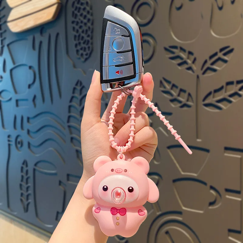 Cartoon Blowing Bubble Toy Butter Bear Keychain Cute Pink Piglet Backpack Pendant Keyring Stress Relief Toy 1pcs