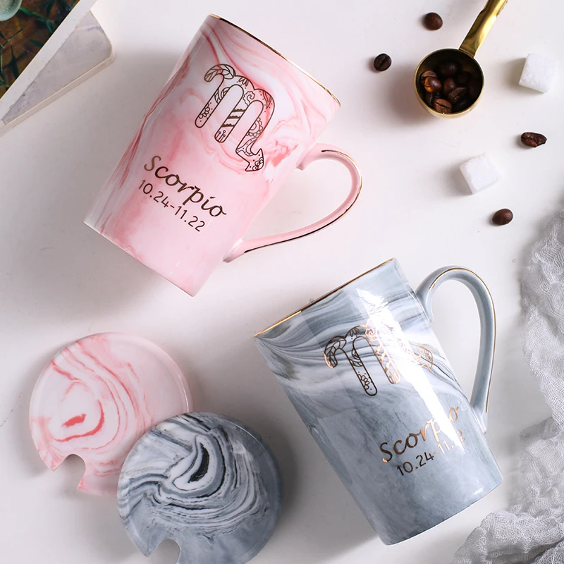 HF Natural Marble 12 Constellation Ceramic Pink Zodiac Mug with Lid Coffee Mugs Creative Personality Cup 400ml Lead-free