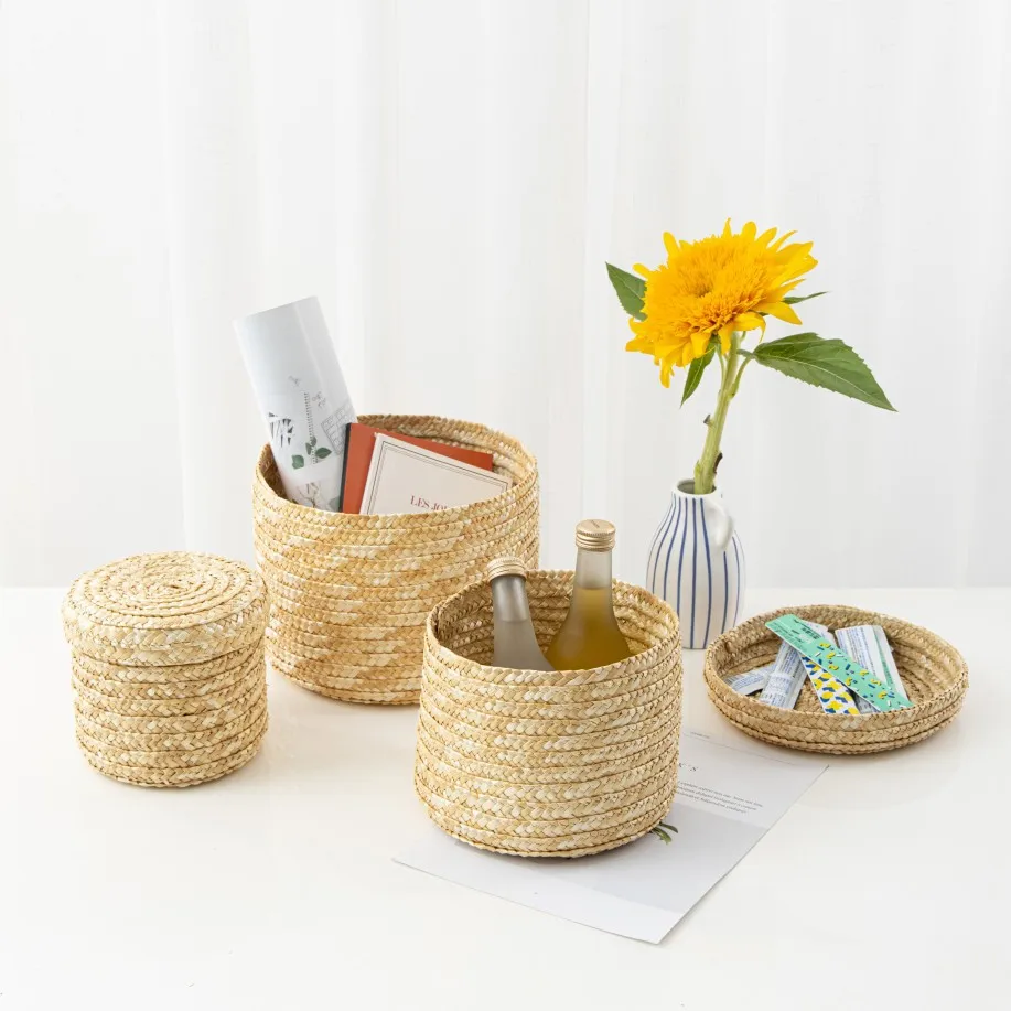 LuanQI-Handmade Straw Woven Basket com Tampa, Caixa De Lembrança De Noiva, Cesta De Plantas De ervas marinhas, Caixa De Armazenamento De Lanches,