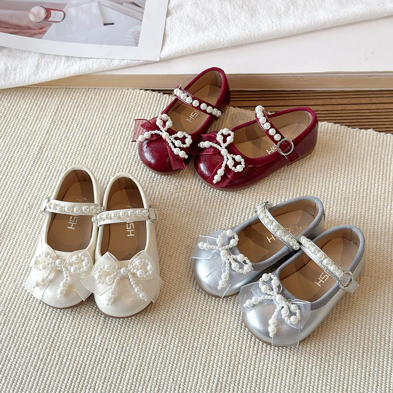 Spring Autumn New Pearl Bow Girls Princess Shoes Soft Sole PU Leather Loafer Shoes Sweet Wind Fashion School Student Shoes