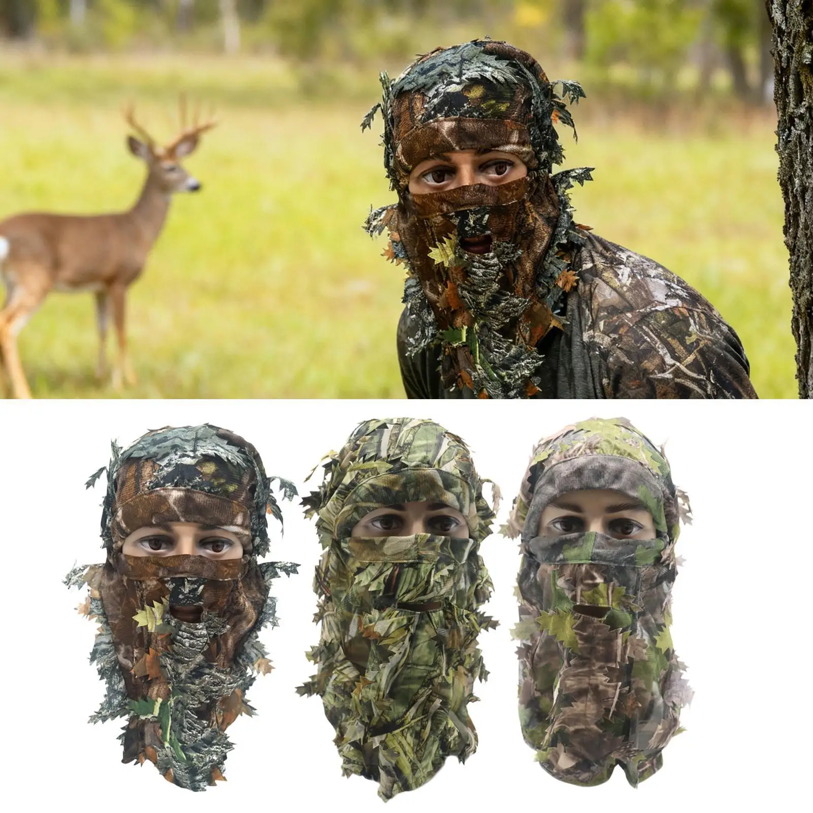 

3D Leaf Ghillie Suit Hat with Face Cover Full Camouflage Headgear for Hunting Wildlife Photography, Themed Events & Airsoft