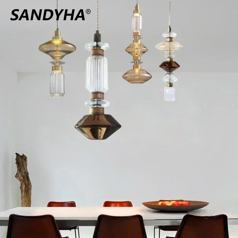 

SANDYHA Modern Minimalist Crystal Pendant Lights Smoke Grey Nordic Style for Living Dining Bedroom Multi Room Glass Decor C