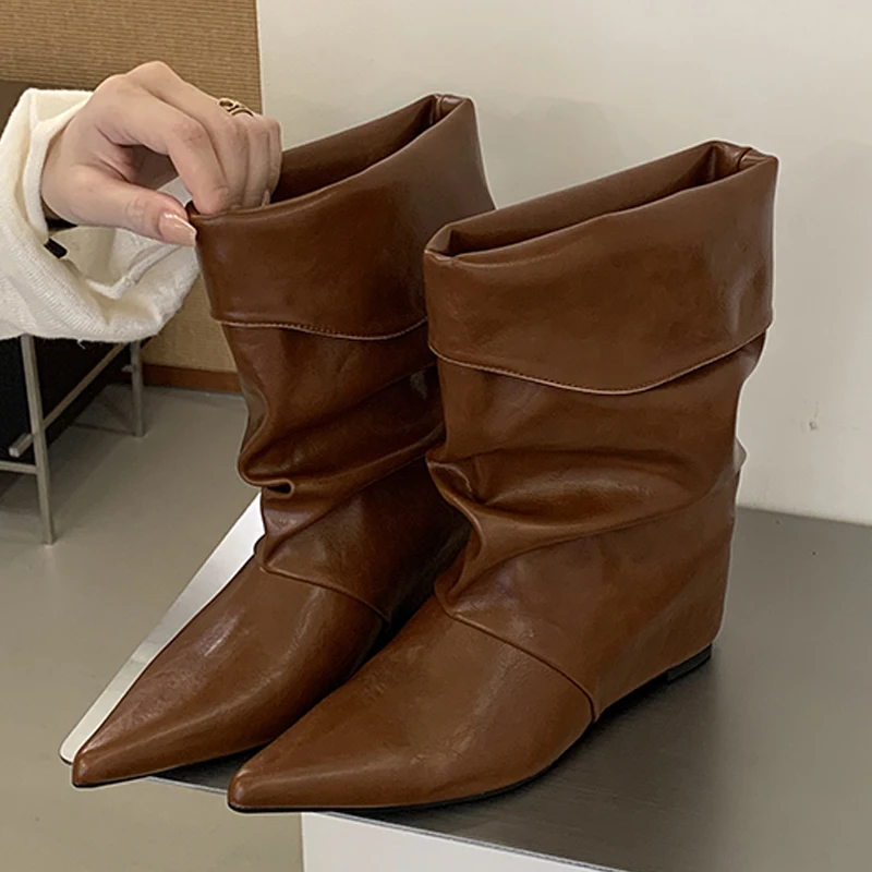 Eilyken New Design Turned-over Edge Pointed Toe Woman Ankle Boots Fashion Wedges Heels Modern Booties Spring Autumn Shoes