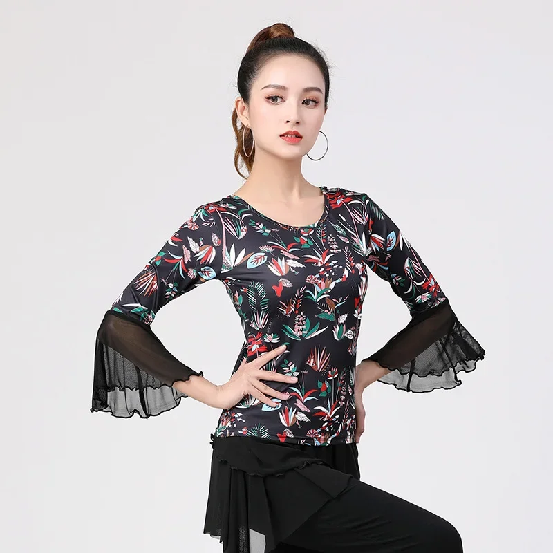 Nueva ropa de baile latino para mujer, Top estampado con manga Pagoda, salón de baile, Top latino, ropa de práctica de vals moderna y Samba ajustada