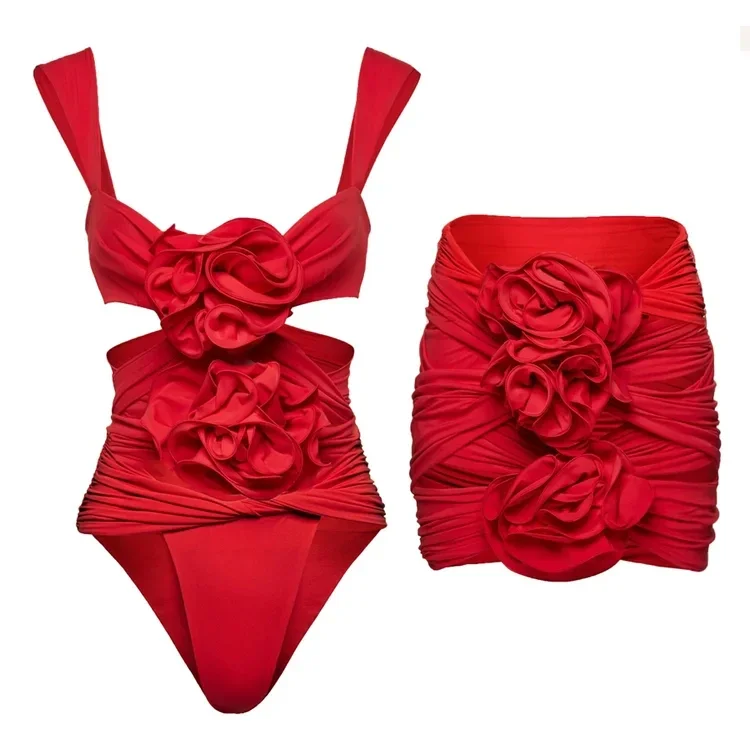 

Women's Sexy Swimwear set Red 3D Flower One Piece Swimsuit Summer Women Beachwear Bathing Suit tankini Monikini two pieces