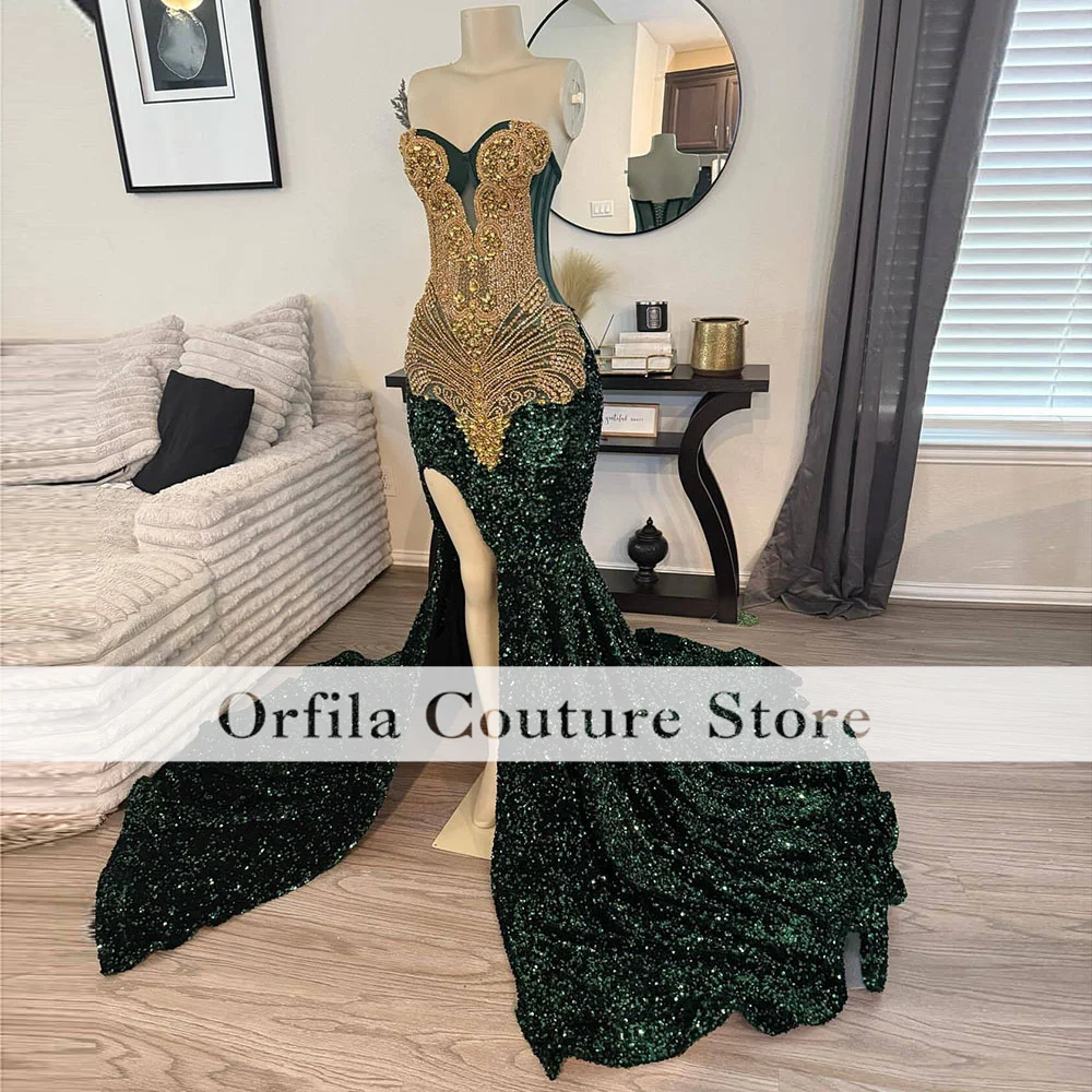 Glitter Green Mermaid Prom Dresses 2025 Slit Sparkly Diamonds Gems Birthday Party Dress Robe Customized