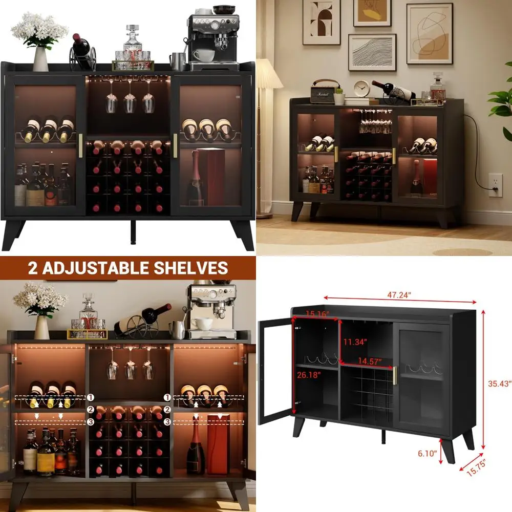 Contemporary LED-Illuminated Wine Buffet with Storage Racks and Glass Holders, Compact Home Coffee Bar with Whiskey Display