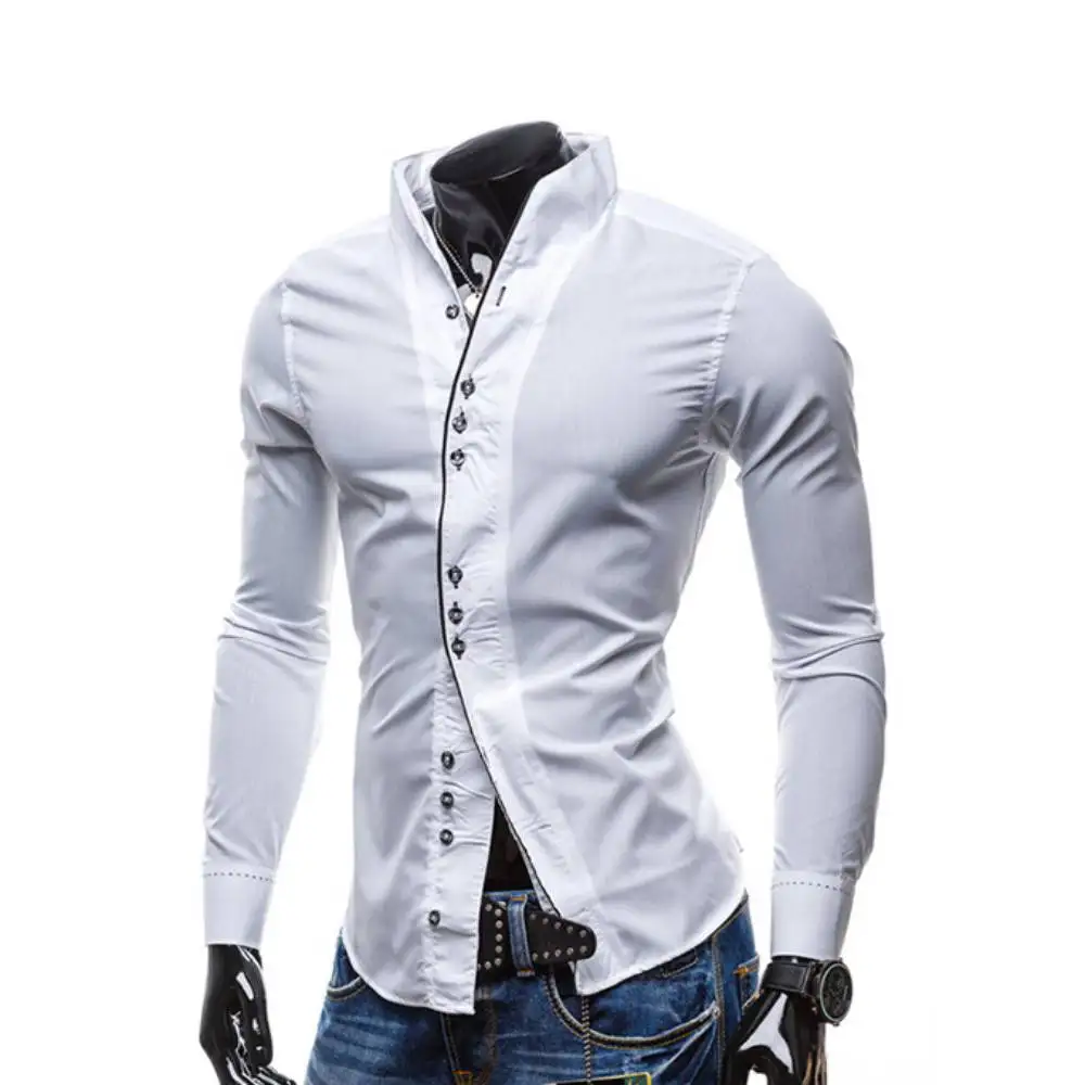 Men\'s Formal Slim Fit Long Sleeve Shirts Stand Collar Dress Chemise Fashion Casual Blouse Social Camisa Business Office Apparel