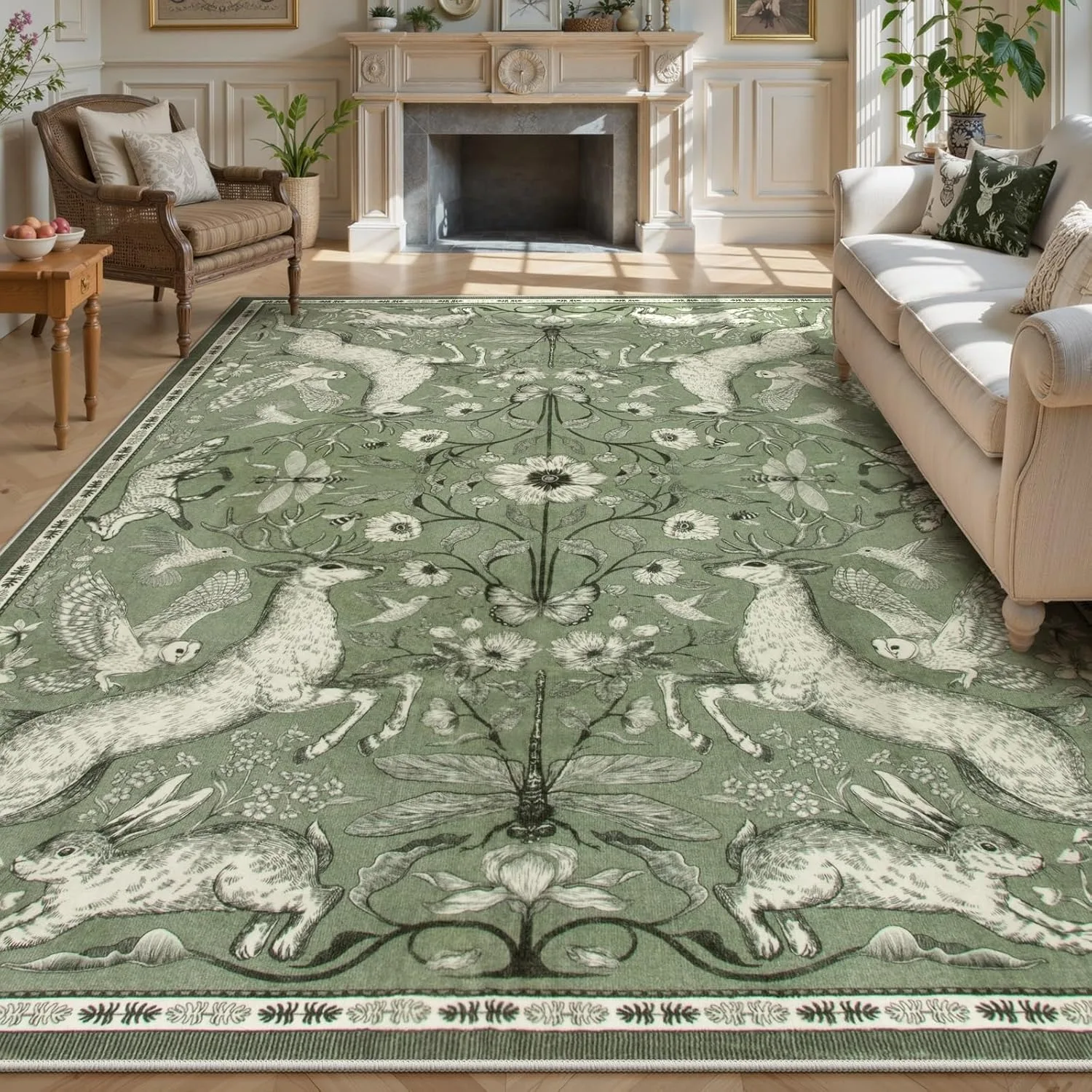 Modern Animal Elk Print Carpet for Living Room Botanical Rabbits Pattern Sofa Coffee Table Floor Mat Soft Washable Bedroom Rug