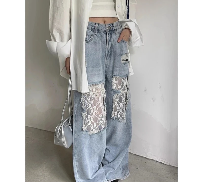 الرجعية الأمريكية ممزق الدانتيل تقسم ​ ​ جينز نسائي فضفاض بأرجل واسعة 2025 تصميم صيفي بنطال مستقيم عالي الخصر