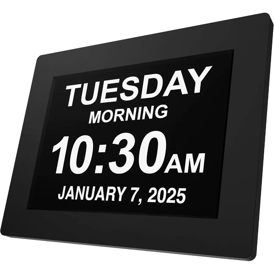 

Large Digital Clock for Seniors Black 8 inch with Day and Date Customizable Alarms Auto-Dimming Multi-Language Support Battery