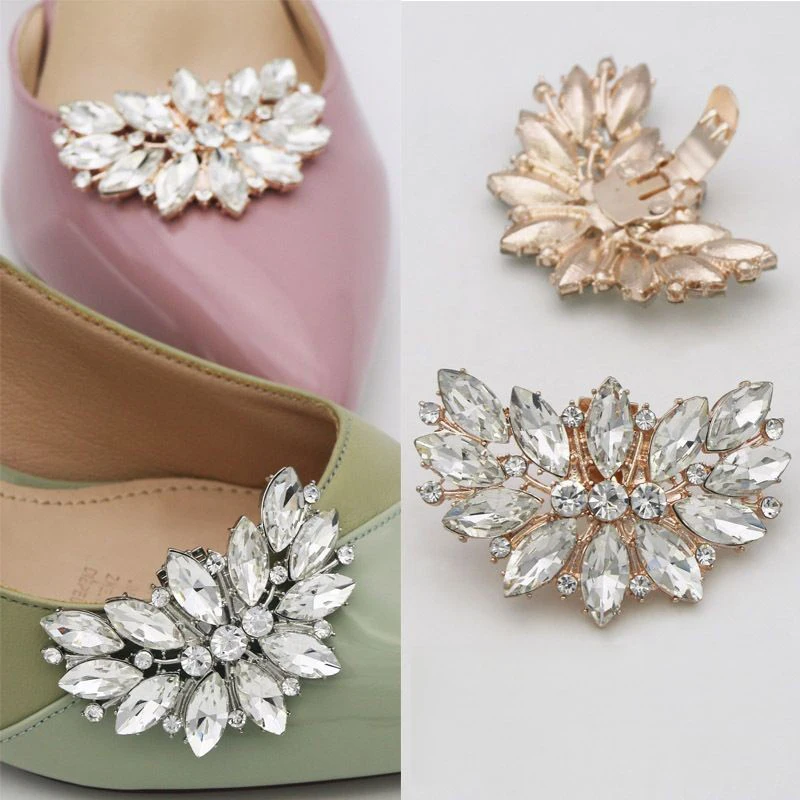 เสน่ห์เงาคริสตัลรองเท้าคลิปส้นสูงสำหรับผู้หญิงงานแต่งงาน sepatu pengantin Wanita rhinestone หัวเข็มขัดตกแต่งเครื่องประดับรองเท้าอุปกรณ์