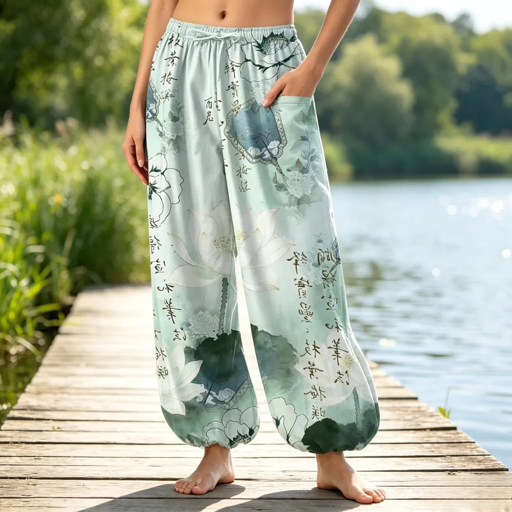 Women Bohemian Thai Print Cotton Jogger Trousers Relaxed Fit Elastic Waist & Ankle Cuff Lightweight Lounge Pants Travel Holiday