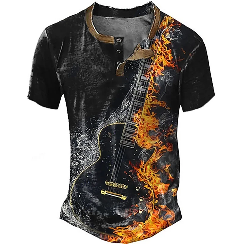 Guitar Graphic 3D Printed Vintage Henley Shirts Men\'s Fashion Streetwear Button-Down Short Sleeve T Shirt Man Tees Tops Clothing