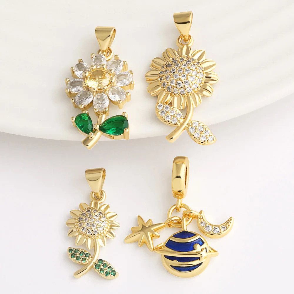 OCESRIO Trendy White Crystal Sunflower Pendant for Necklace Copper Gold Plated Cosmic Planets Jewelry Making Component pdta430