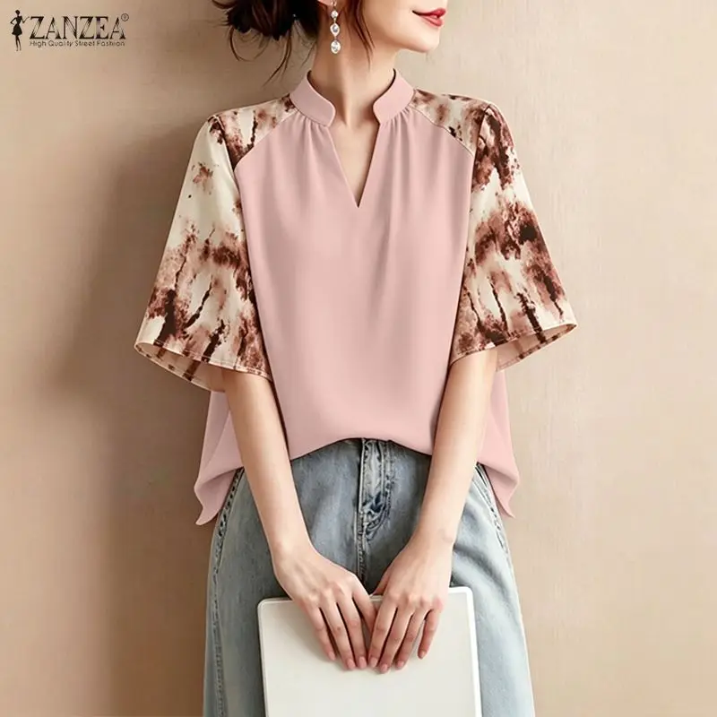 

ZANZEA Women Elegant Blouses Fashion Printed 3/4 Sleeve Patchwork V-Neck Loose Pullover Tops Summer Daily Casual Blusas de Mujer