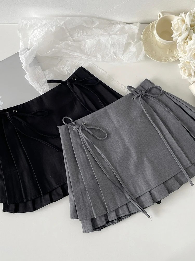 

Woman High Street Mini Clubwear Pleated Skirt All-match Elegant A-line Skirt Fake Two Pieces Tunic Bow Bandage Solid Color Gyaru