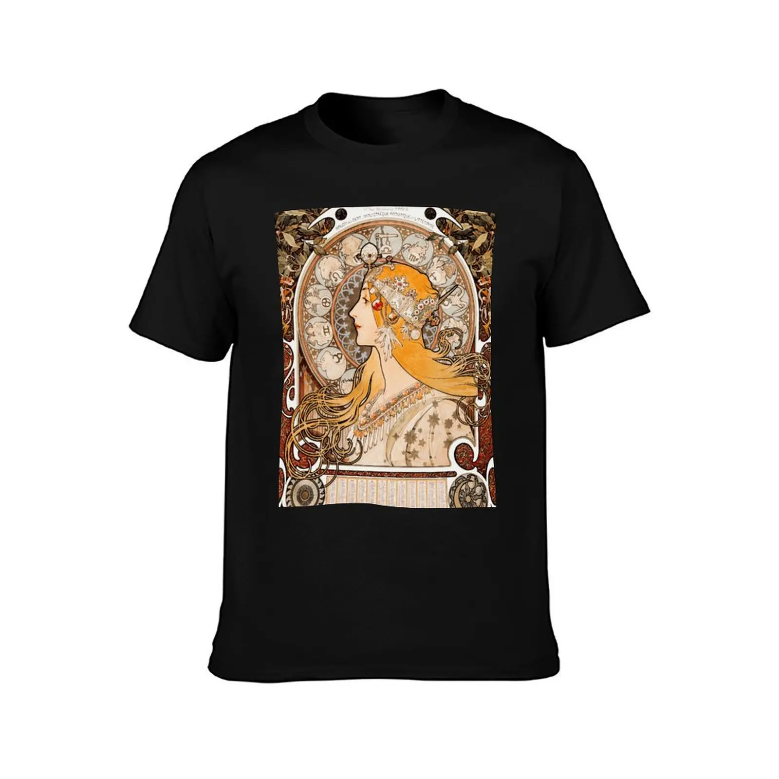 Alfons Mucha La Plume Zodiac Calendar Art Nouveau T-Shirt Plus Size Gym Sports T-Shirt