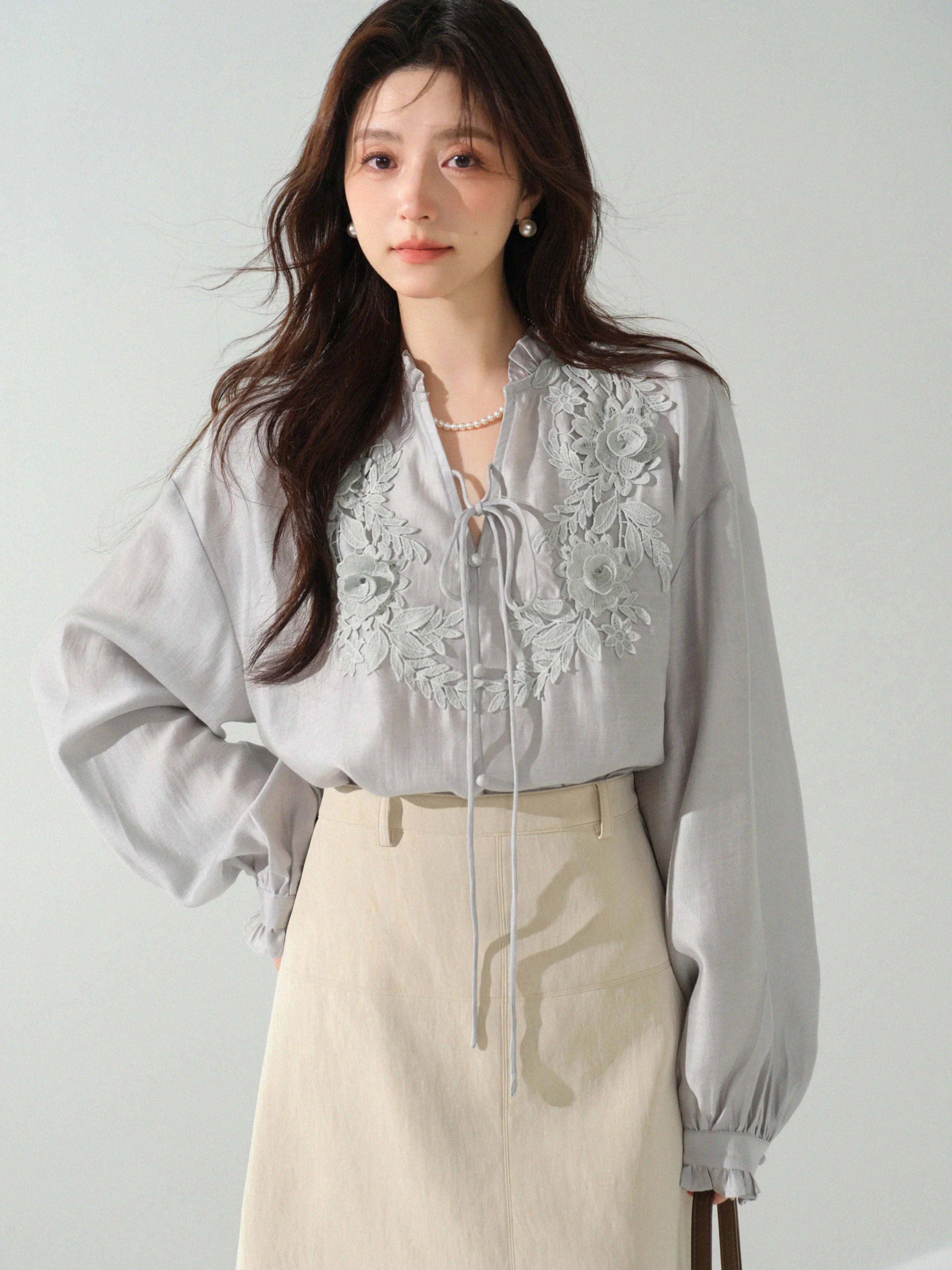 French Embroidered Blouse V Neck Long Sleeve Shirt for Women Autumn Lace Floral Top Chic Vintage Inspired Design Fashion Outfit