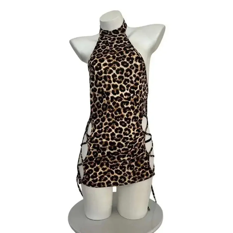 Vestido con tirantes ajustados y escote en V profundo con estampado de leopardo, bolso corto, falda a la cadera, vestido fino con perspectiva, elegante, encantador y hermoso