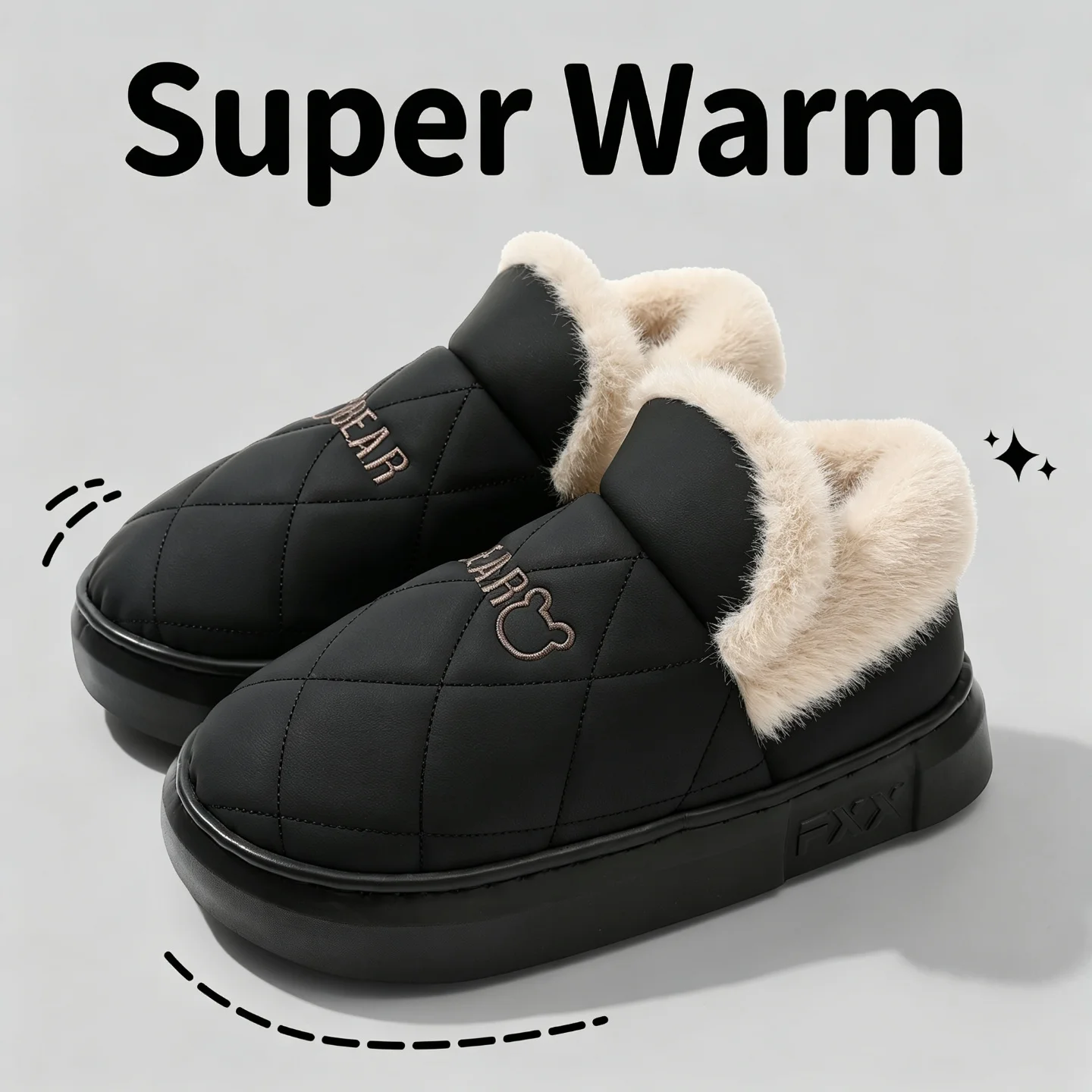 Winter Wasserdichte Hausschuhe für Damen und Herren, Warme Plüsch-Hausschuhe mit Dicker Sohle, Bären-Stickerei, Rutschfeste Indoor-Baumwoll-Fell-Schuhe – Detail 2