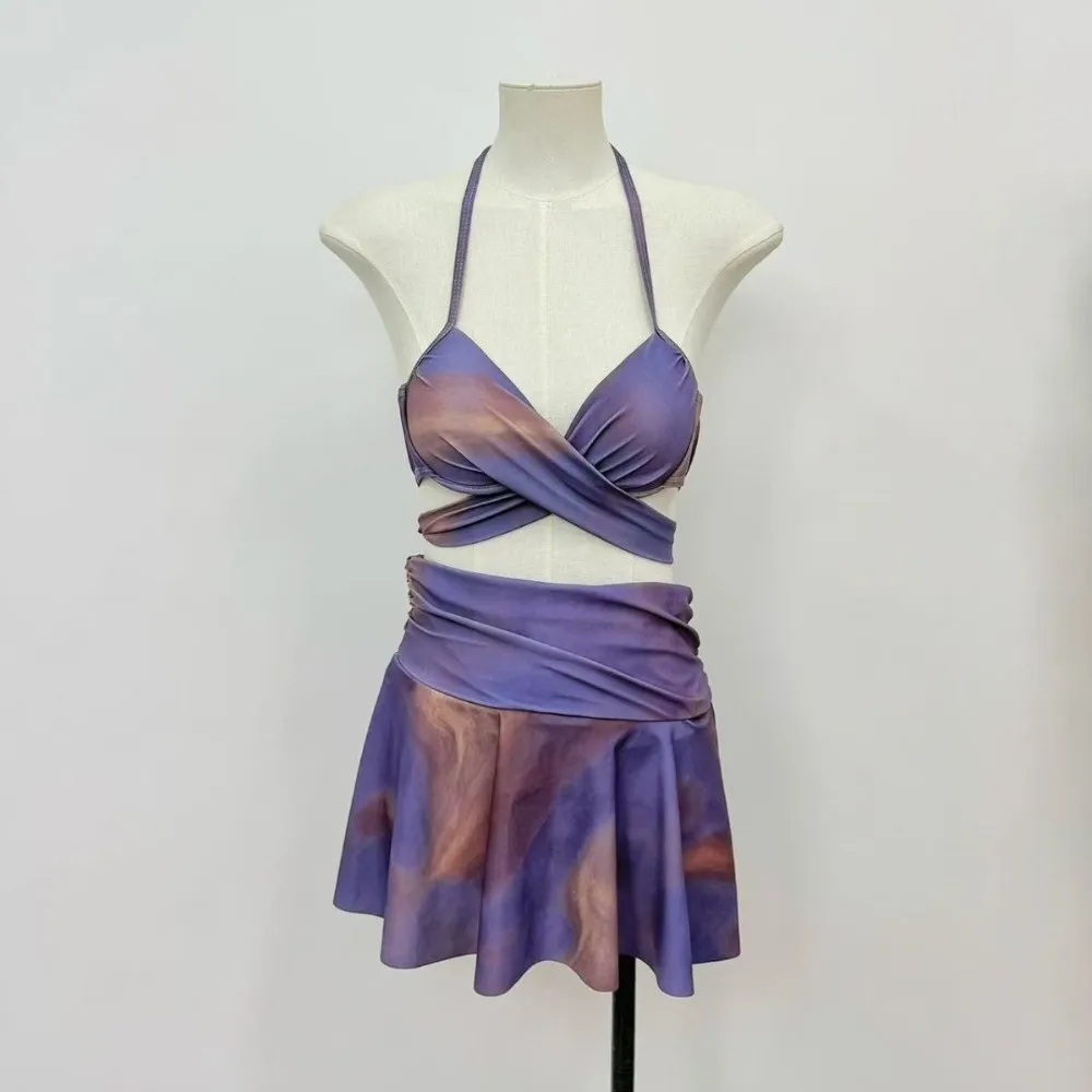 

Casual Tie-dye 3 in 1 Swimwear Set Purple Beachwear Long Sleeve Swimsuit Sun Protection camisole Bikini Bathing Suit Beach