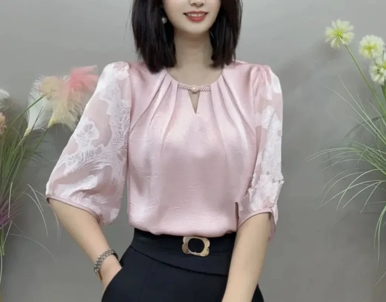 

Elegant Korean Popular Clothes Chiffon Shirt Seven Sleeve Minimally Designed Commuter Jacquard O-Neck Women's Loose Shirt Top