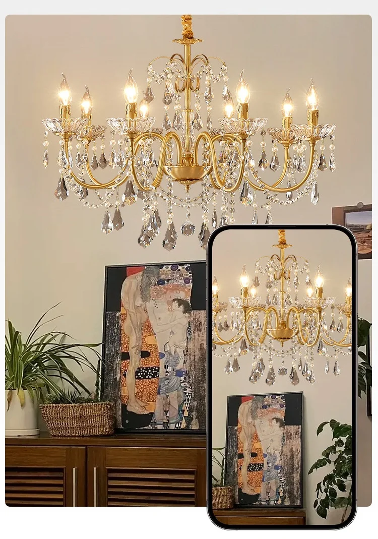 European Crystal E14 Chandelier French Gold Candle Pendant
