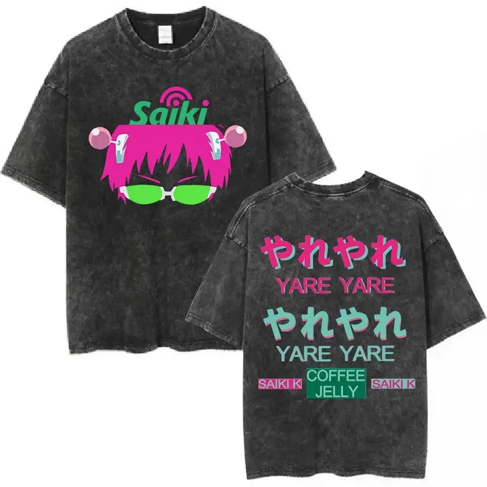 Vintage Washed Saiki K Anime T-Shirt Manga Grafik Weiche Baumwolle Rundhals Kurzarm Unisex Oversized Trendy Streetwear Tees – Detail 4