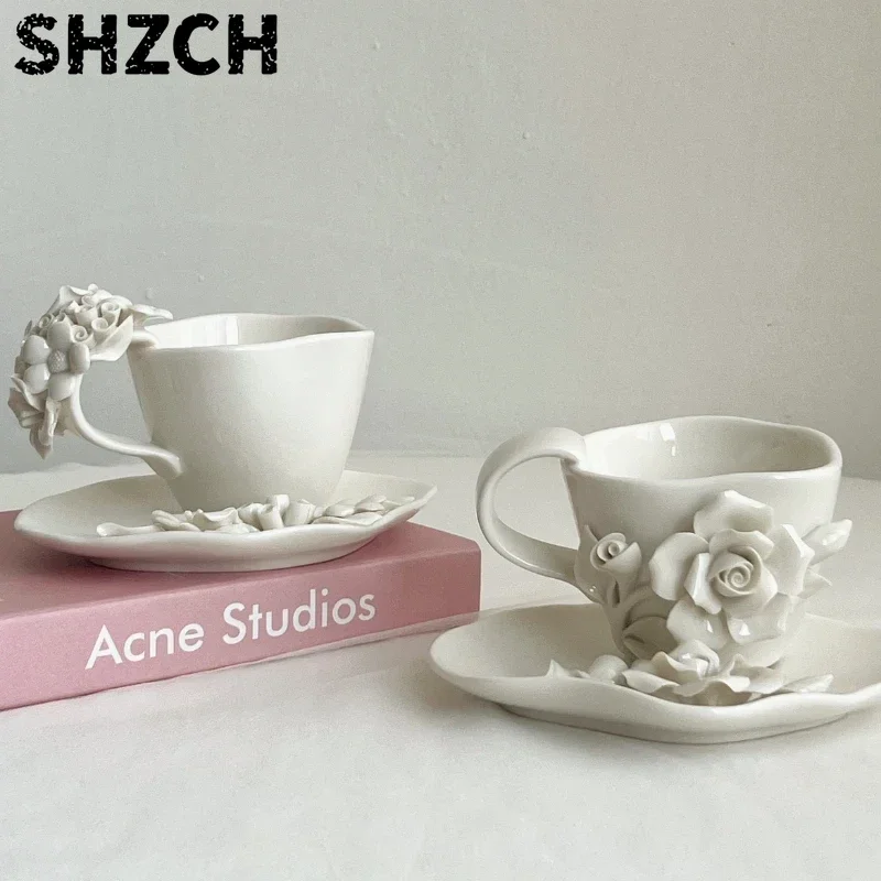 Flower Cup Dish Plate Creative Coffee Cup European Relief Sticky Flower Ceramic Fruit Plate Home Commercial Restaurant