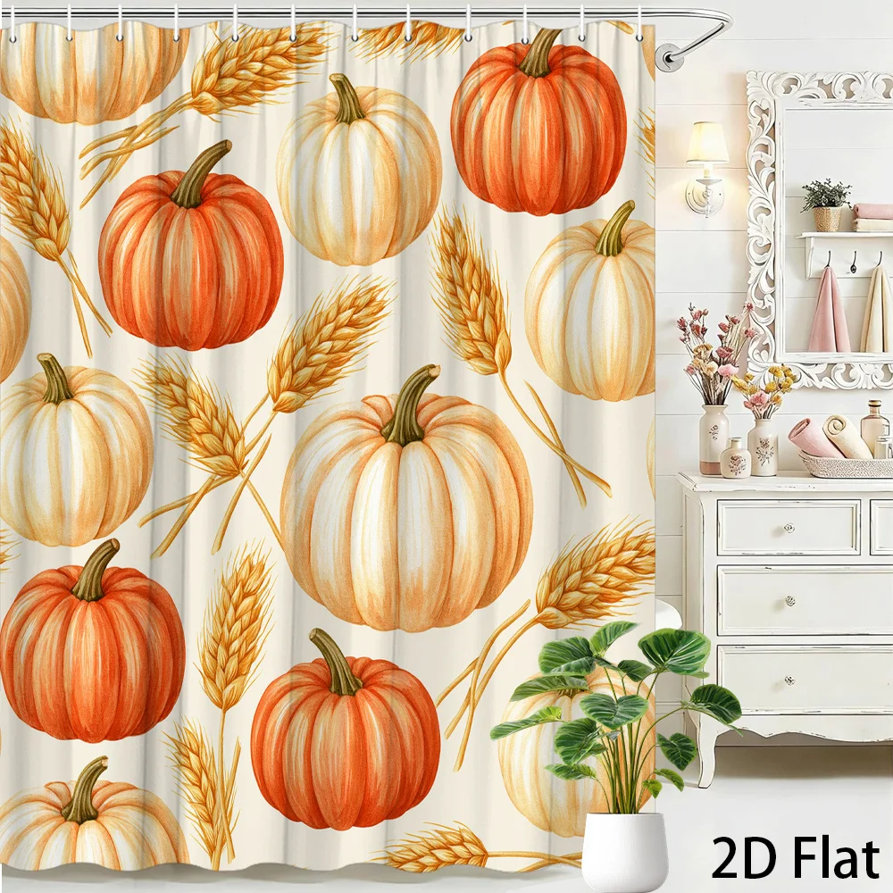 Autumn Pumpkin Shower Curtain, Wheat & Orange Gourd Print Waterproof Bathroom Decor, Farmhouse Fall Harvest Home Bath Screen