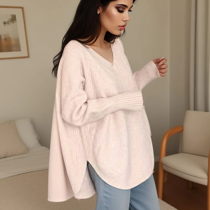

Корейский стиль, новинка осени и зимы 2025 года, женский свитер с v-образным вырезом, модный и элегантный подол, свободный вязаный пуловер, рубашка