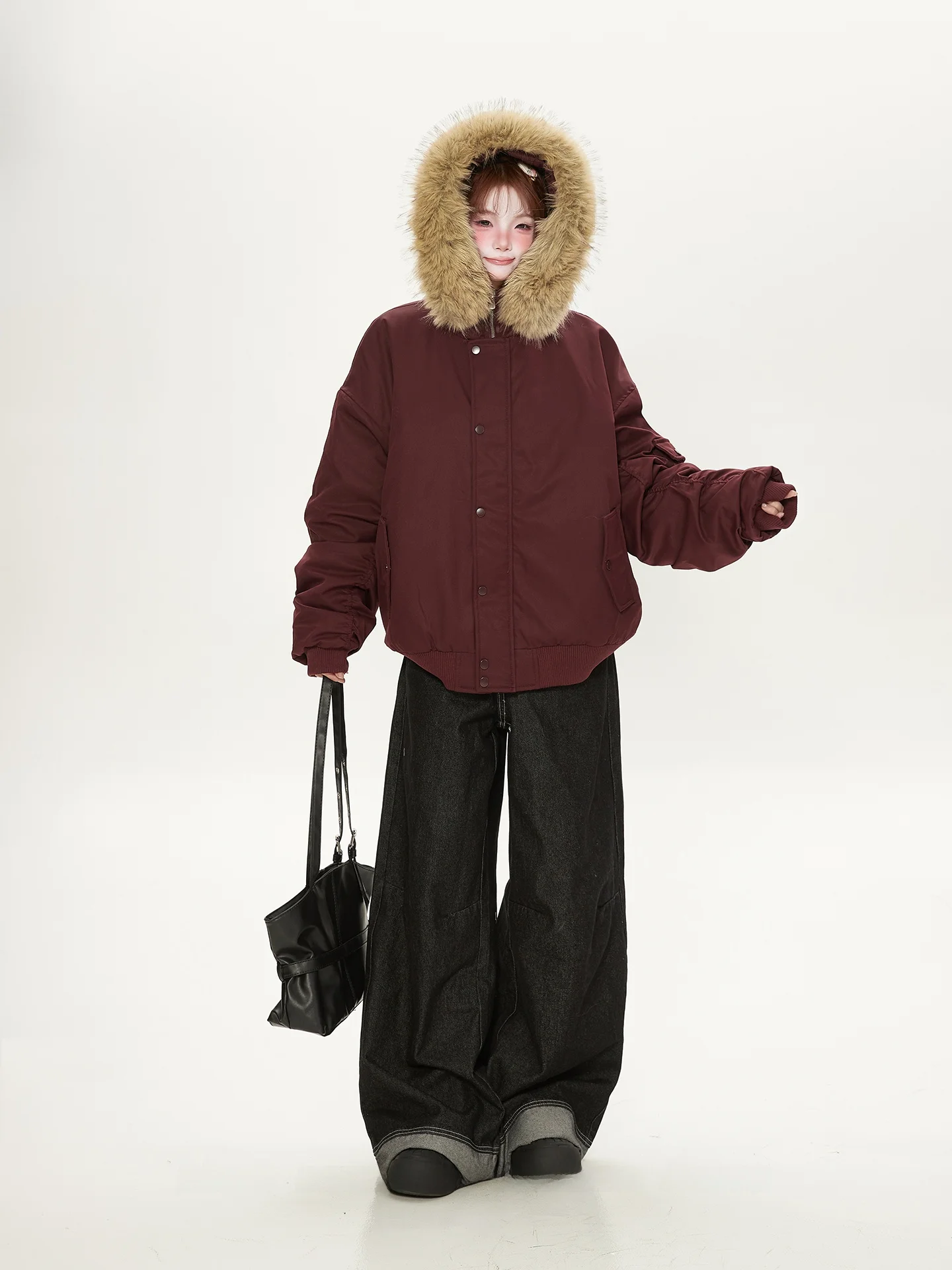 

American Sle ex Parka Coat Detachable Fur Collar Cotton Jaet Women's Autumn Winter Loose ort Cotton Outerwear