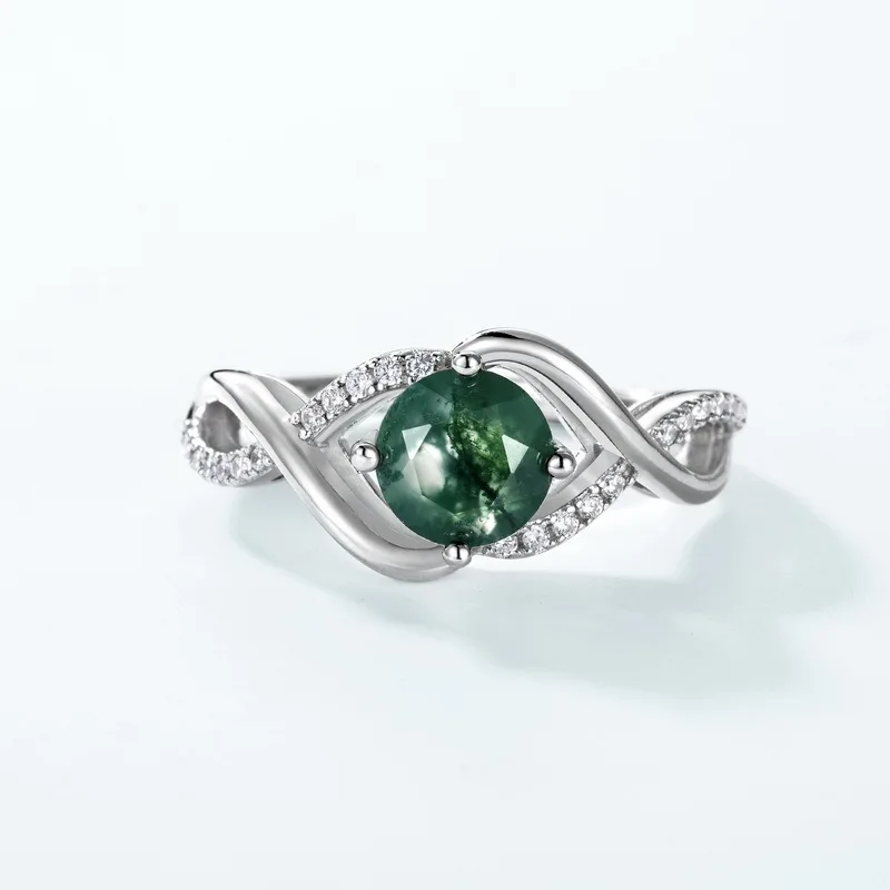 جديد S925 ضوء الفضة النقية الفاخرة الموجي عبر حجر الطحلب الأخضر مطعمة مع العشب المائي العقيق البنصر مجوهرات الزفاف