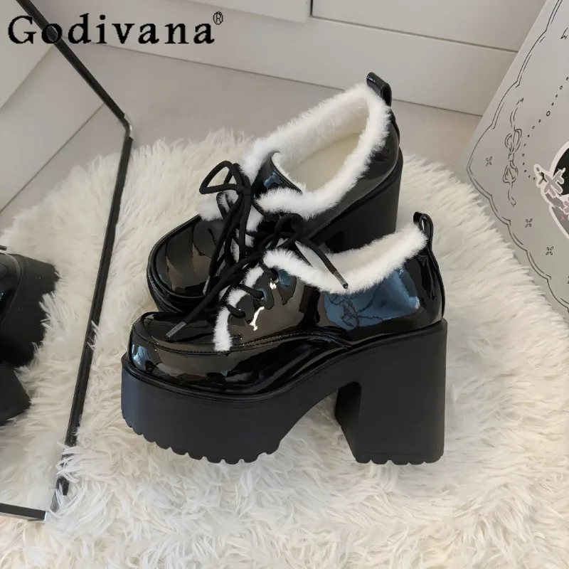 

Winter Fleece-Lined Warm Japanese-Style Original Lolita High Heels JK Uniform College Style Sweet Cool Girl Small Leather Shoes