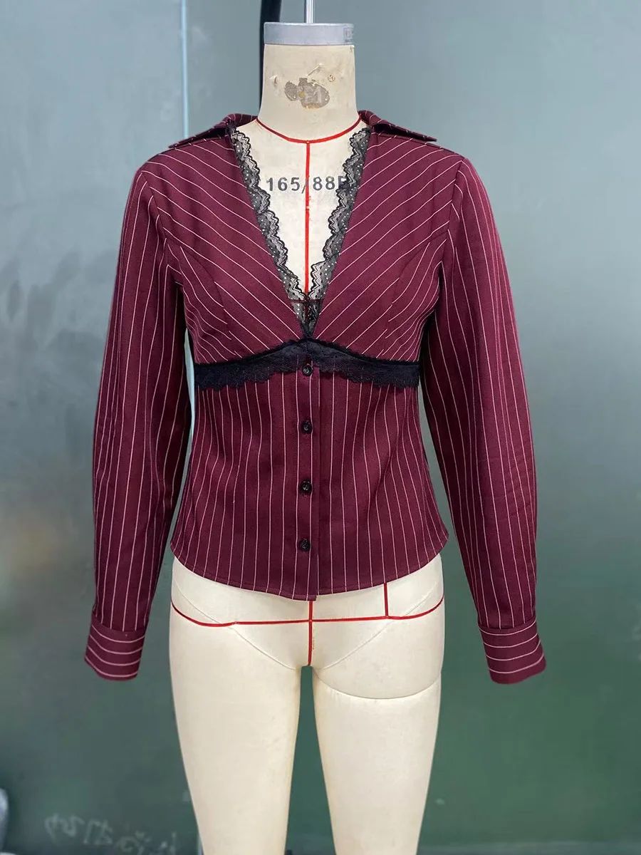 Camicetta da Donna Nuova a Righe, Slim Fit, con Pizzo, Maniche Lunghe, Scollo a V, Elegante, Comoda, Casual, Snellente e Versatile
